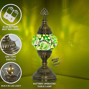 Battery Operated Green Mosaic Lamp with Built-in LED Bulb, Mosaic Table Lamp without Cord, Bedside Mosaic Lamp, Mosaic Glass Lampshade