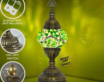 Battery Operated Green Mosaic Lamp with Built-in LED Bulb, Mosaic Table Lamp without Cord, Bedside Mosaic Lamp, Mosaic Glass Lampshade