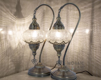 Turkish Lamp, Morocco Lamp, 2 Cracked Glass Swan Neck Table Lamp, Turkish Glass Lamp, Bedside Glass Night Light, Morocco Glass Lampshade