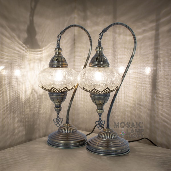 Turkish Lamp, Morocco Lamp, 2 Cracked Glass Swan Neck Table Lamp, Turkish Glass Lamp, Bedside Glass Night Light, Morocco Glass Lampshade