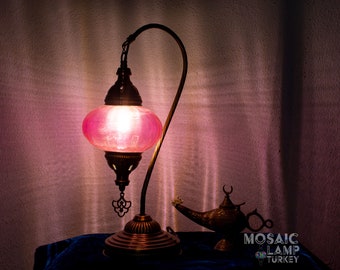 Pink Color Blow Glass Desk Lamp, Swan Neck Moroccan Glass Table Light, Turkish Bedside Lamp, Turkish Glass Table Lamp