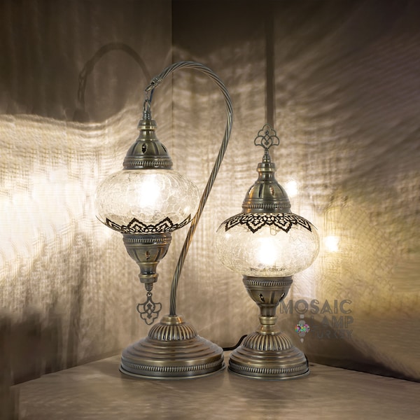 Pair Turkish Lamp, Boho Style Clear Crack Desk Light, Set of 2 Moroccan Home Decor Bedside Lamp, Rustic Gooseneck Table Lamp for Kitchen
