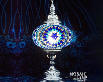 Blue Turkish Chrome Finished Silver Color Mosaic Table Lamp, Turkish Mosaic Bedside Night Light, Boho Stained Glass Home Decor