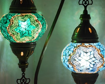 Teal Green Turkish Lamp Set, Mosaic Desk Lamp, Authentic Rural Moroccan Lighting, US Plug Farmhouse Mid-Century Lighting