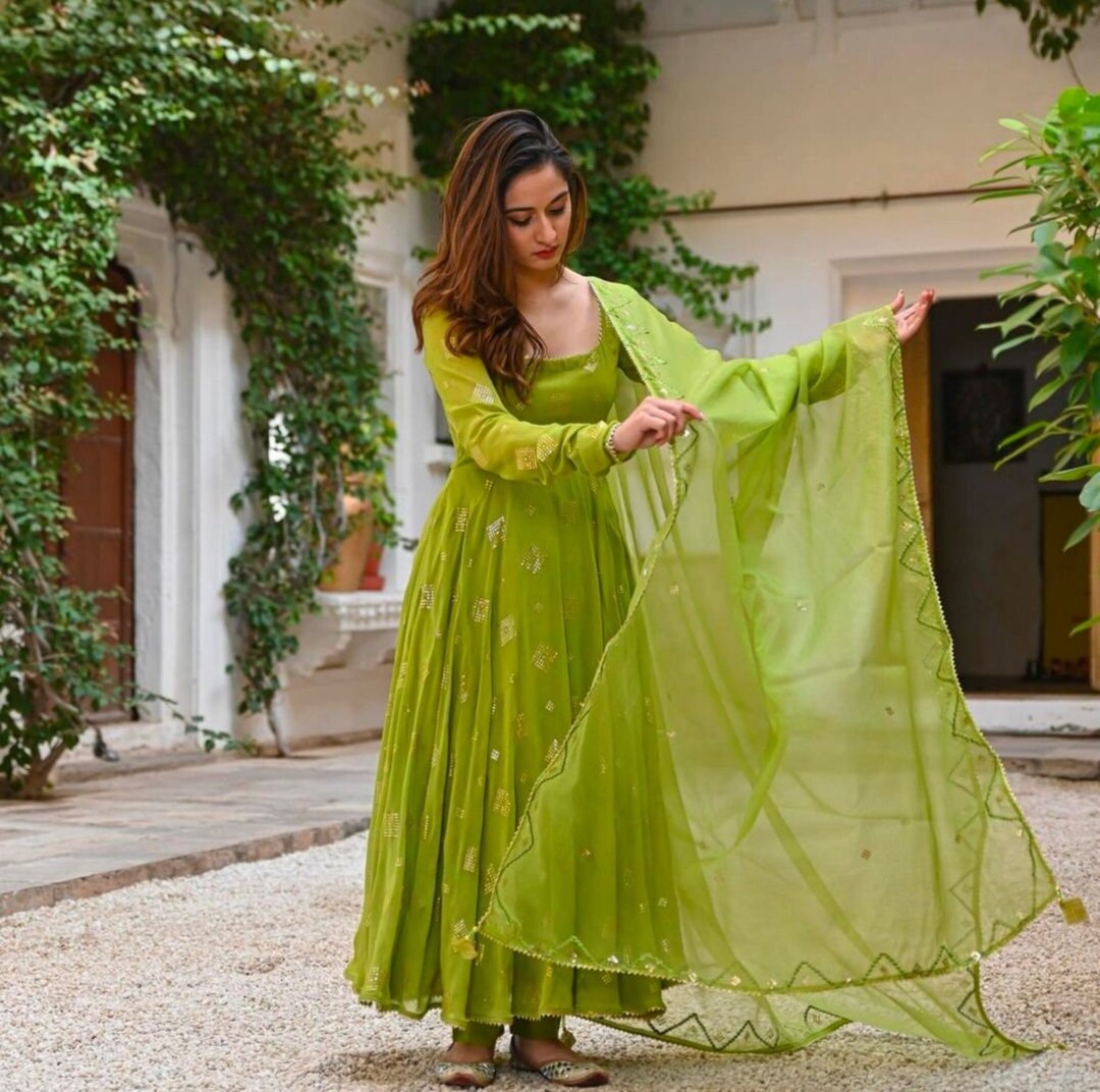 Beautiful Parrot Green Gown With Matching Dupatta Georgette - Etsy