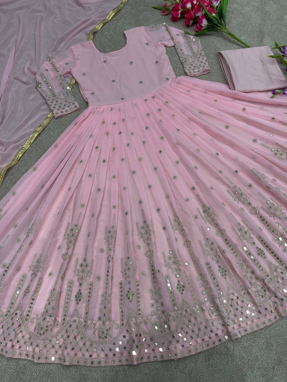Baby Pink Pure Cotton Anarkali Dress with Beautiful Work – Medium to 2XL main image 1