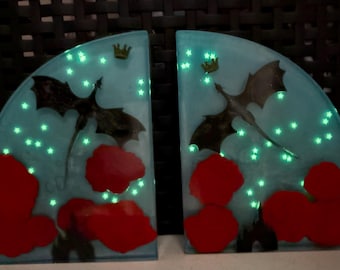 Dragons and Roses bookends with glow in the dark stars