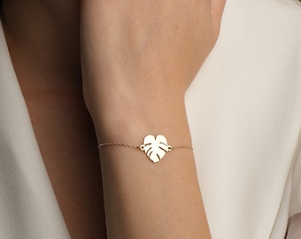 14K Gold Leaf Bracelet, Tiny Leaf Bracelet, Gift For Her, Heart Shaped Jewelry, Mothers Day Gifts, Lucky Charm Pendant, Gift For Mom