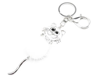 Key Ring / Bag Charm - Silver Metal Cat with Rhinestones or Pompom or Mirror