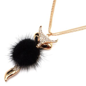 Sautoir Collier Pendentif Renard Métal Strass avec Pompon Renard Pompon Noir