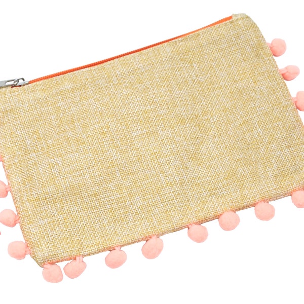 Pochette Petit Sac Tissu Beige Uni avec Contour Pompons Pêche