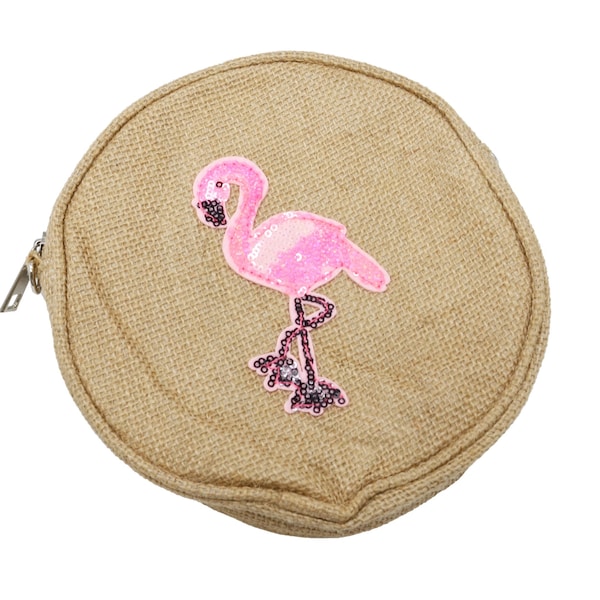 Pochette Sac Bandoulière Rond Toile de Jute avec Motif Flamant Rose ou Ananas Sequins