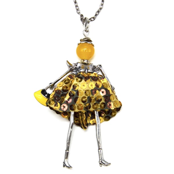 Sautoir Collier Pendentif Poupée Robe Sequins avec Etoile ou Sac