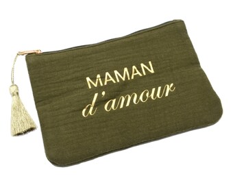 Trousse Pochette Coton Message Maman d'Amour Pompon Doré