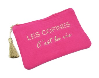 Trousse Pochette Gaze de Coton Message Les Copines C'est La Vie Pompon Doré