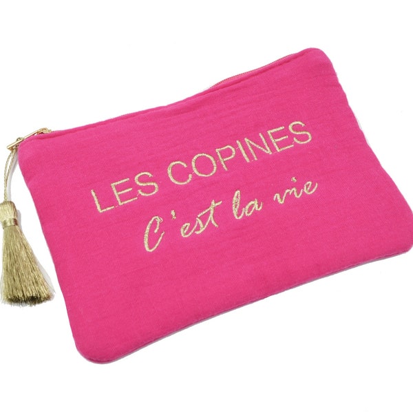 Trousse Pochette Gaze de Coton Message Les Copines C'est La Vie Pompon Doré