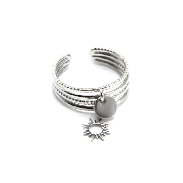 Multi-Row Ring with Medal and Sun Tassels Steel