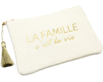 Trousse Pochette Coton Message La Famille C'est La Vie Pompon Doré