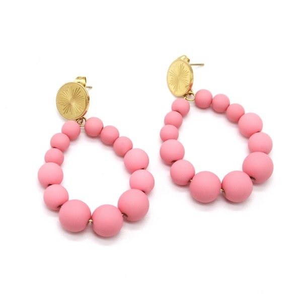 Boucles d’Oreilles Médaille Acier Doré et Goutte Petites Perles Colorées Mat