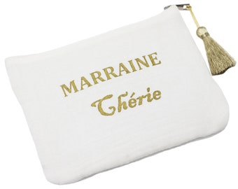 Trousse Pochette Coton Message Marraine Chérie Pompon Doré