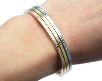 Thin Steel Bangle Bracelet with Message Far from the Eyes, Close to the Heart