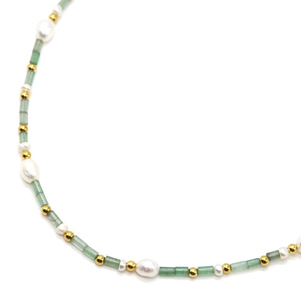 Tube Seed Beads Necklace with Golden Steel Beads and Freshwater Pearls