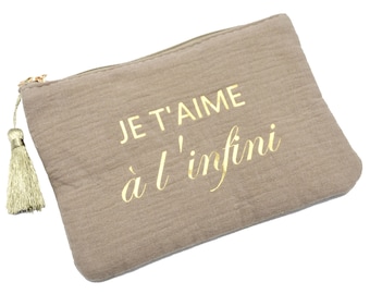 Trousse Pochette Coton Message Je T'Aime à L'Infini Pompon Doré