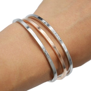 Thin Steel Bangle Bracelet with Carpe Diem Message