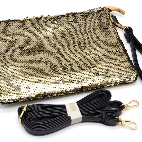 Pochette Sac Soirée Bandoulière avec Sequins Brillants Doré