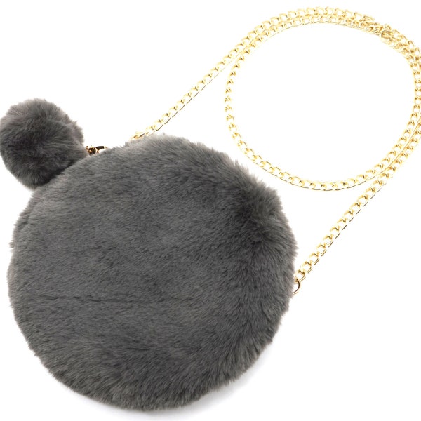 Pochette Sac Bandoulière Rond Fourrure Synthétique avec Pompon