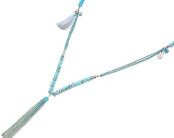 long necklace Metal Chain Necklace or Shiny Beads with Pearls and Pompoms