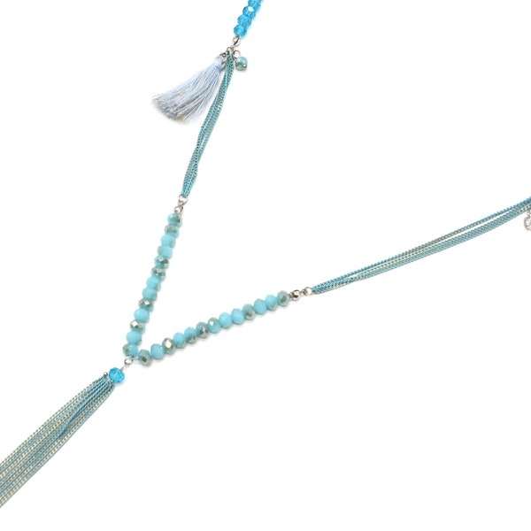 Sautoir Collier Chaînes Métal ou Perles Brillantes avec Perles et Pompons