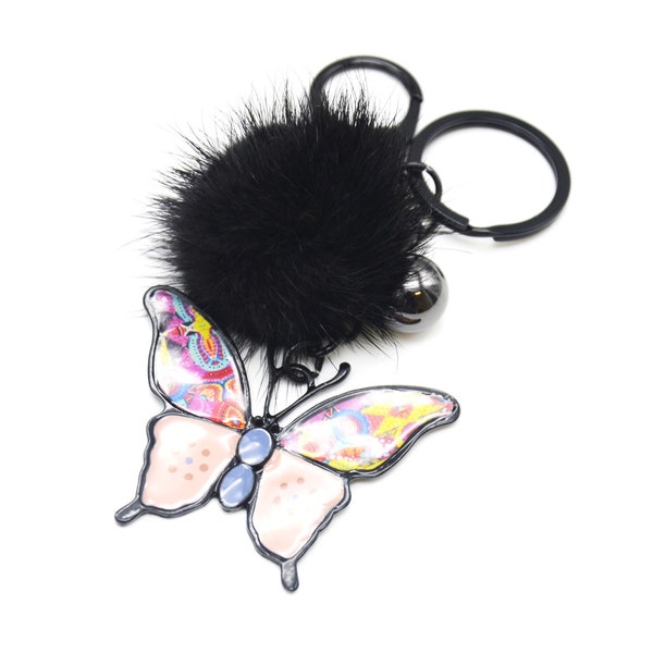 Porte-Clés / Bijou de Sac - Souris ou Coccinelle ou Chien Ou Papillon ou Hibou Métal Peint avec Pompon