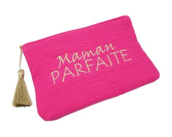 Trousse Pochette Gaze de Coton Message Brodé Maman Parfaite Pompon Doré