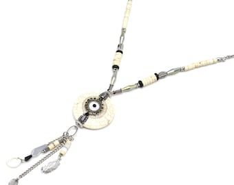 Sautoir Collier Chaîne Métal Perles avec Pierre et Charms