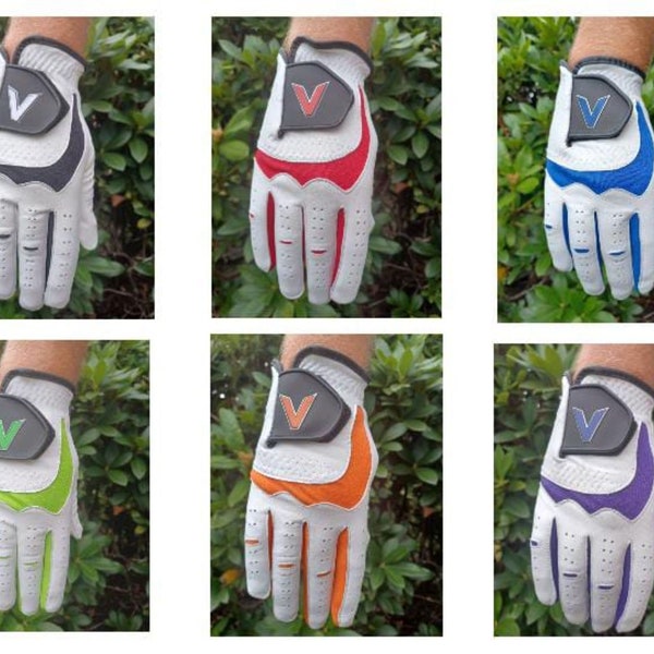 6 Men's LEFT HANDED GOLFER Full Cabretta Leather Mens Golf Gloves in 6 different vibrant colours R H Gloves Ideal Gift Left Handed Player