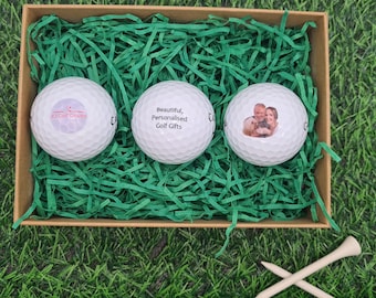Three Personalised Golf Balls - Photo, Logo, or Text - Gift Box