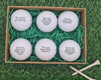 Zes gepersonaliseerde golfballen met zes verschillende grappige citaten - cadeau golfer. Inclusief geschenkdoos
