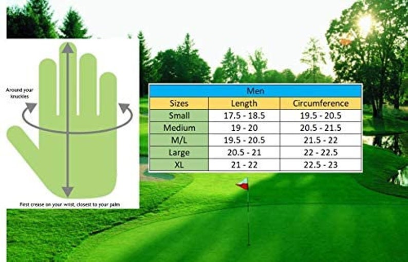 Op de afbeelding: Een grafiek met golfhandschoenmaten voor mannen. De grafiek toont maten, lengte in inches en omtrek in inches. De grafiek bevindt zich op een groene achtergrond met een golfbaan op de achtergrond.