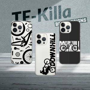 May include: Three iPhone cases with different designs. The first case has a white background with black illustrations of mountain bike parts. The second case has a white background with a black mountain bike and the word "DOWNHILL" in black. The third case has a black background with a white mountain bike and the word "DOWNHILL" in white.