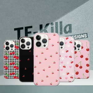 May include: Five different iPhone cases with cherry designs. The cases are pink, black, white, and red with different cherry patterns.