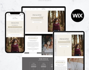Può includere: Uno screenshot di un sito web che mostra una donna con un maglione rosso in piedi in un bosco. Il sito web è per un'azienda chiamata "Girl Boss" e il testo "Imagine Yourself Living the Life You Dream Of" è visualizzato sul sito web. Il sito web è costruito su Wix.