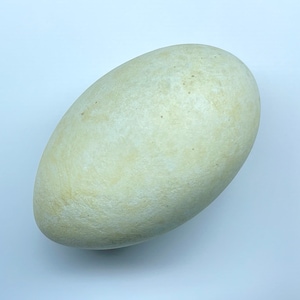 May include: An oval-shaped, off-white stone with a smooth surface and subtle colour variations. The stone has a natural, organic appearance, with slight imperfections and a matte finish. The object is set against a plain white background.