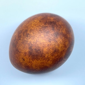 May include: A large, oval-shaped object with a textured, mottled surface. The color is a blend of warm browns and oranges, with darker brown patches creating a natural, earthy appearance. The object is set against a light blue background.
