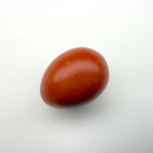May include: A single, oval-shaped, reddish-brown object, possibly a decorative egg or stone, against a white backdrop. The object has a smooth, glossy surface and a rounded shape, with no visible markings or textures.