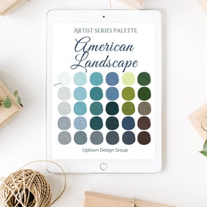 May include: A digital tablet displaying an Artist Series Palette titled American Landscape. The screen features a grid of thirty circular paint swatches in shades of white, blue, green, grey, and brown. The text Uptown Design Group is at the bottom.
