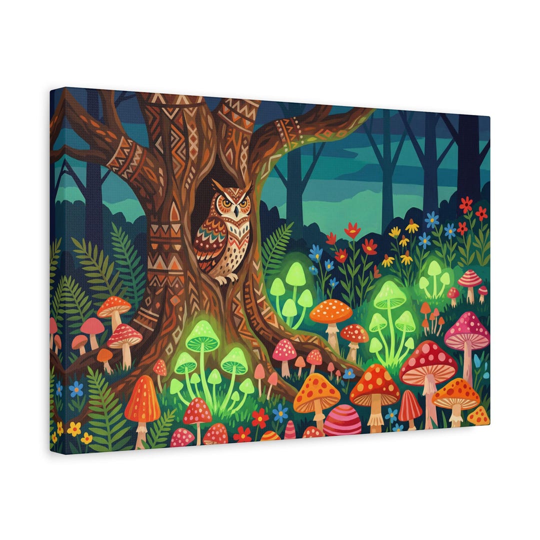 Owl in Enchanted Mushroom Forest Canvas Print | Folk Art Painted ...