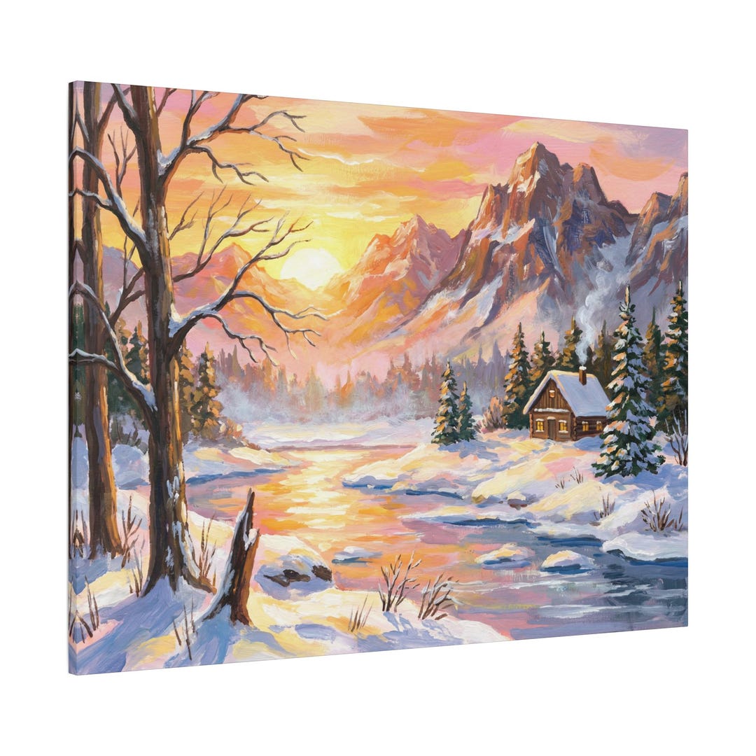Sunset Winter Cabin Landscape Canvas Wall Art | Multiple Sizes ...