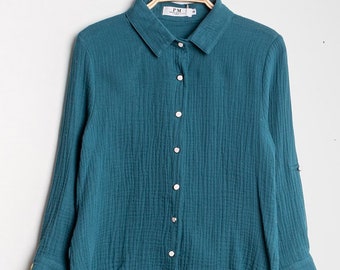 Eendenblauw katoenen gaas shirt