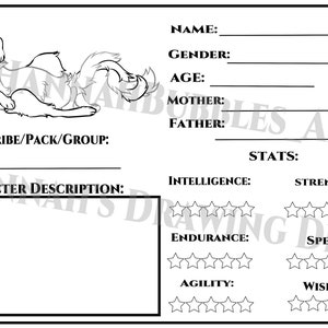 May include: A black and white line drawing of two wolves cuddling. The image is on a white background and includes a character sheet with fields for name, gender, age, clan/tribe/pack/group, mother, father, intelligence, strength, endurance, speed, agility, and wisdom. The character sheet also includes a section for a character description.